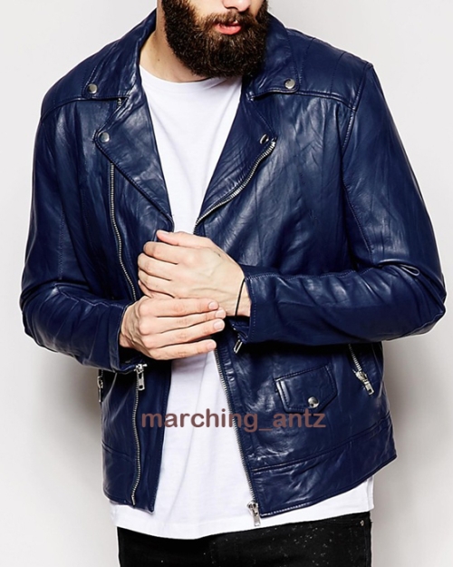 Blue Biker Leather Motorcycle Jacket 205