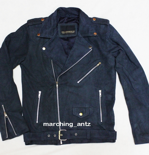Suede Leather Biker Jacket (Navy Blue)