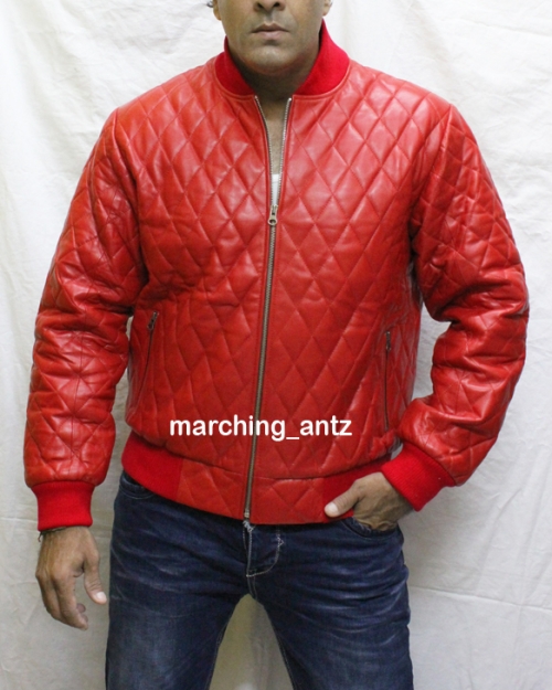 Red Leather Quilted Bomber Jacket