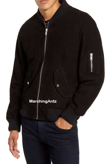 Marching Antz Black Suede Quilted Bomber Leather Jacket