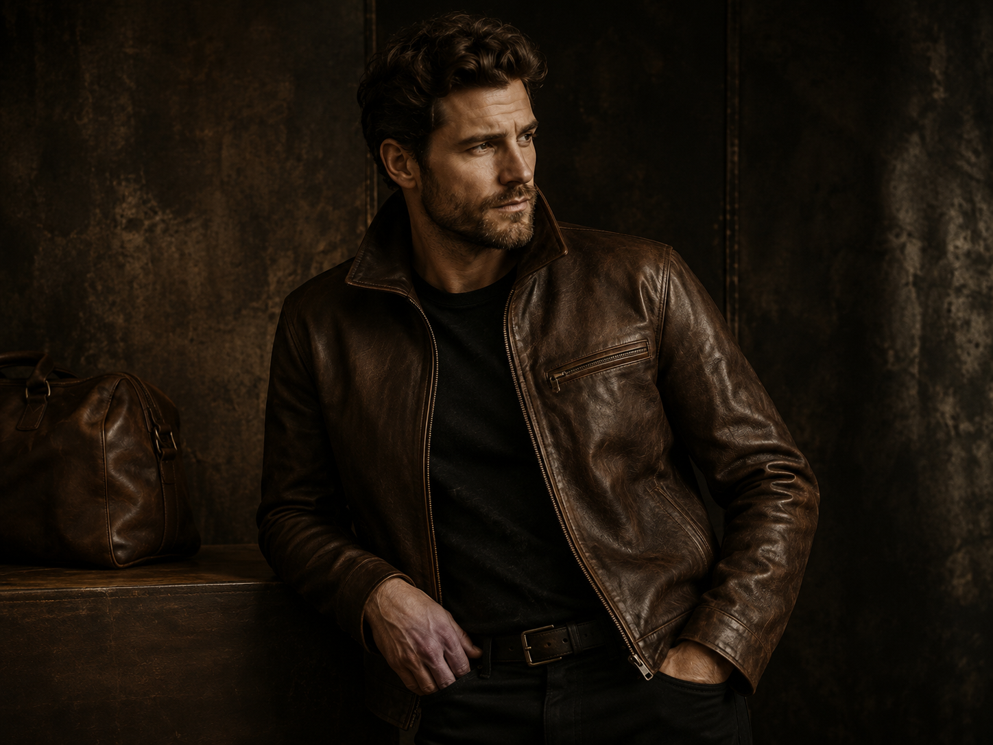Model wearing premium leather jacket